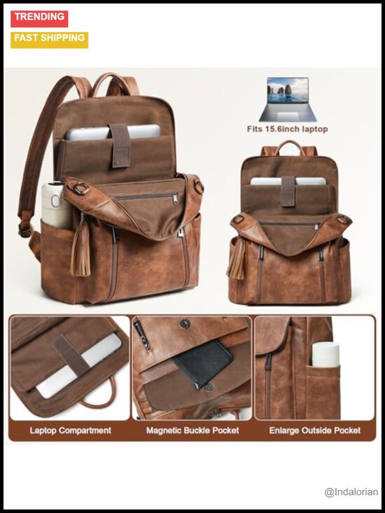 Faux Leather Laptop Backpack 15.6 inch Travel Work Water Resistant Daypack main image 5